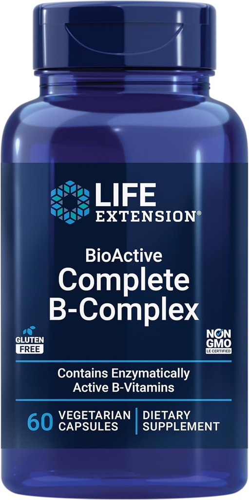 Extensión de vida BioActive Completo B-Complex, Corazón, Cerebro y Nerve Soporte, Energía sana, metabolismo, Complejo B completo, 60 cápsulas vegetarianas