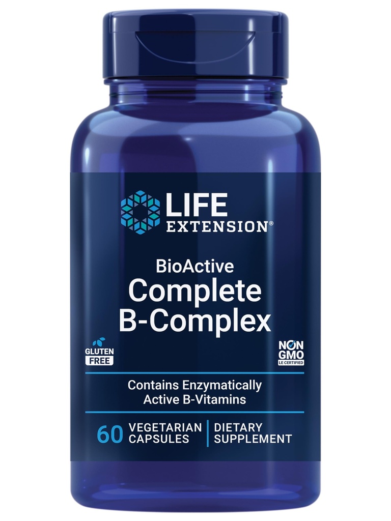 Extensión de vida BioActive Completo B-Complex, Corazón, Cerebro y Nerve Soporte, Energía sana, metabolismo, Complejo B completo, 60 cápsulas vegetarianas