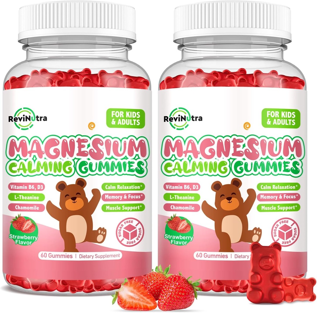 Niños Magnesio Glycinate Gummies, Suplemento Magnesio con L-Theanine, Vitamina B6, D3 para niños y adultos, Magnesio calma para la relajación del sueño,Brain,Bones, Azúcar Fresa libre 120ct