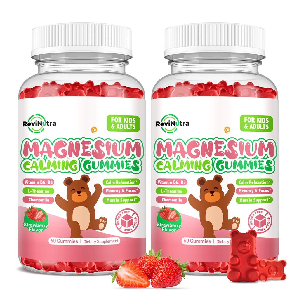 Niños Magnesio Glycinate Gummies, Suplemento Magnesio con L-Theanine, Vitamina B6, D3 para niños y adultos, Magnesio calma para la relajación del sueño,Brain,Bones, Azúcar Fresa libre 120ct