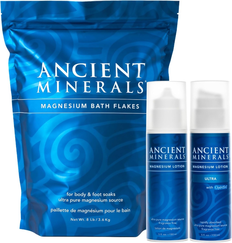 Antiguos Minerales Brillantes de baño de magnesio - Loción de magnesio y Loción Ultra con MSM - Pura Genuine Zechstein Chloride