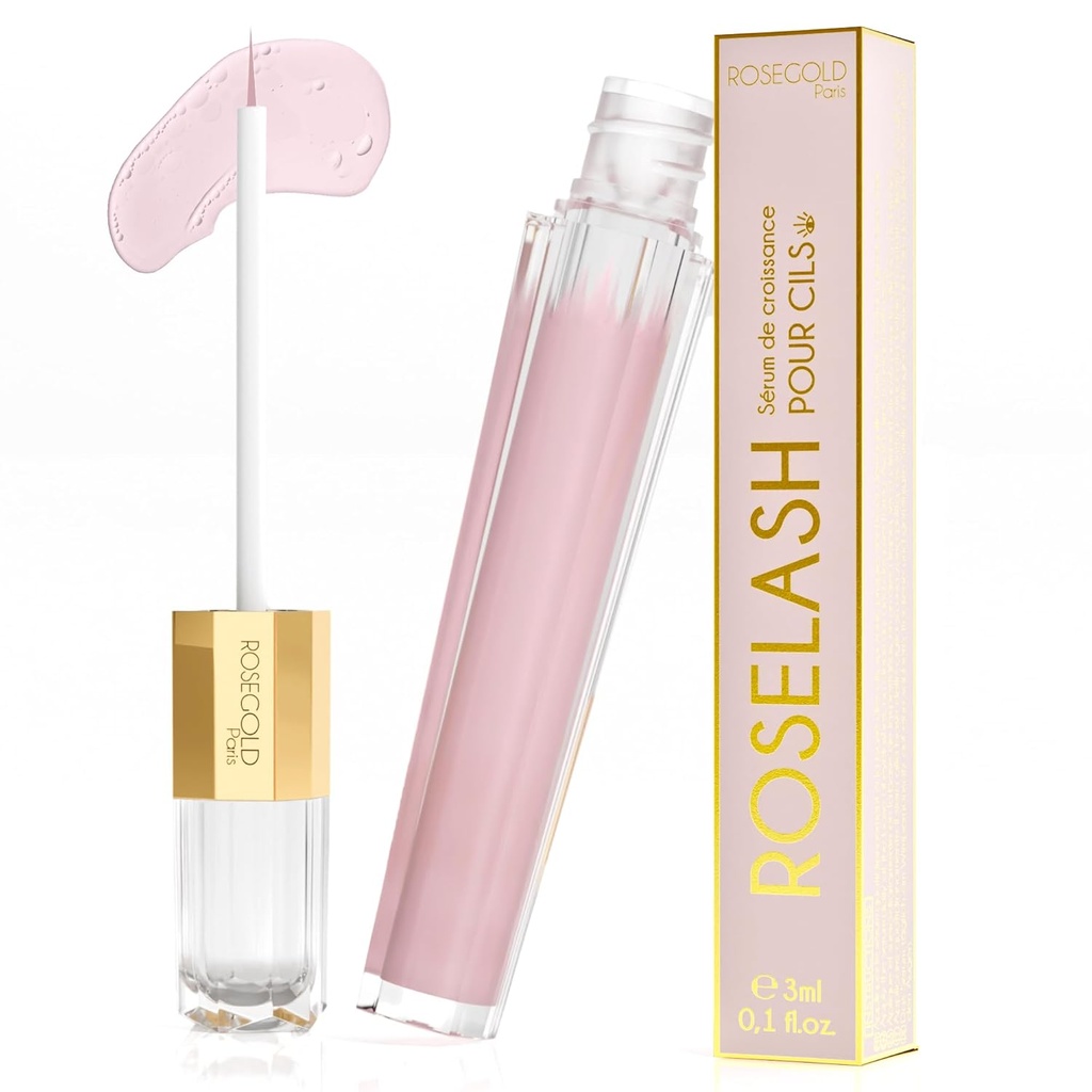 ROSEGOLD ROSELASH Growth Serum for Fuller, Longer, Thicker Lashes - 95% Natural Made in France - Hormona libre, fragancia libre - Vegan