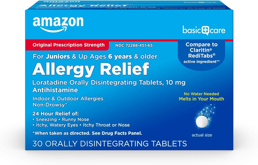 Atención Básica 24Hour Children Allergy Medicine, Loratadine Orally Disintegrating Tablets, 10 mg, Antihistamine, Ages 6+, 30 Count