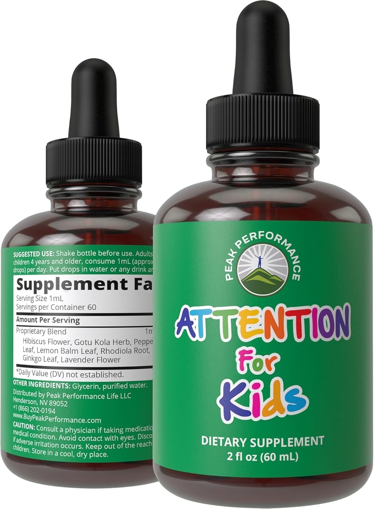 Caídas de enfoque infantil. Atención Deficit Suplemento líquido para Concentración, Atención, Cerebro, Memoria. No hay sabor a bitter. Natural No-Habit Forming Sugar Gratis 7-en-1 Nootropic Vegan para niños, adolescentes