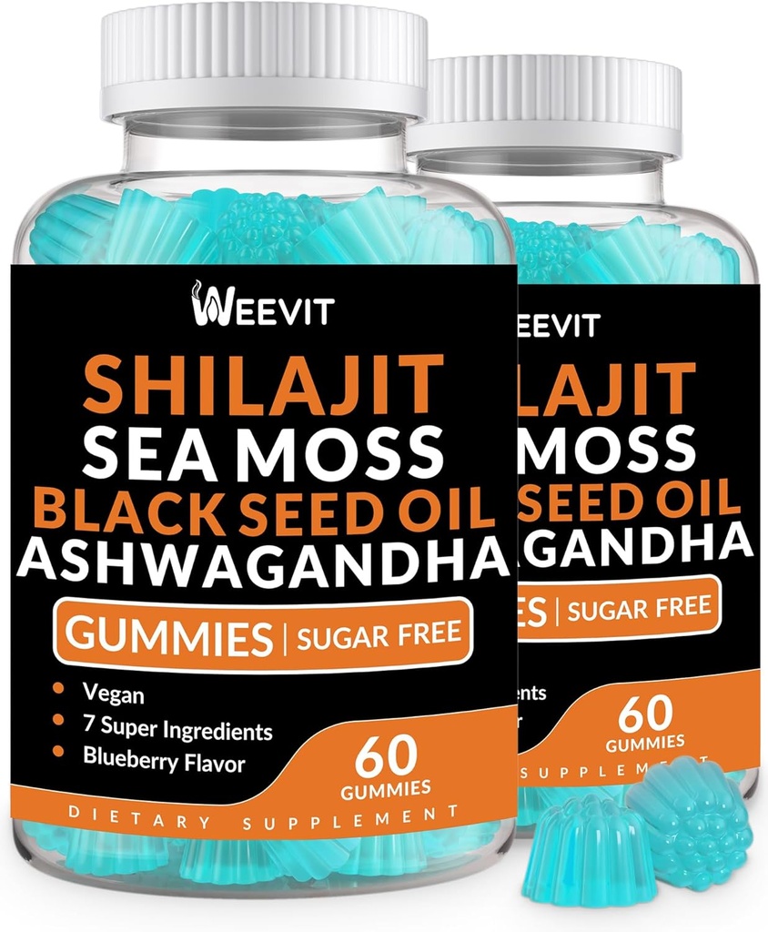 Shilajit Sea Moss Ashwagandha Gummies with Turmeric, Black Seed Oil, Vitamin C D for Men &amp; Women, Shilajit and Ashwagandha Gummy, All in 1 Supplements for Immune, Absorption &amp; Energy Support