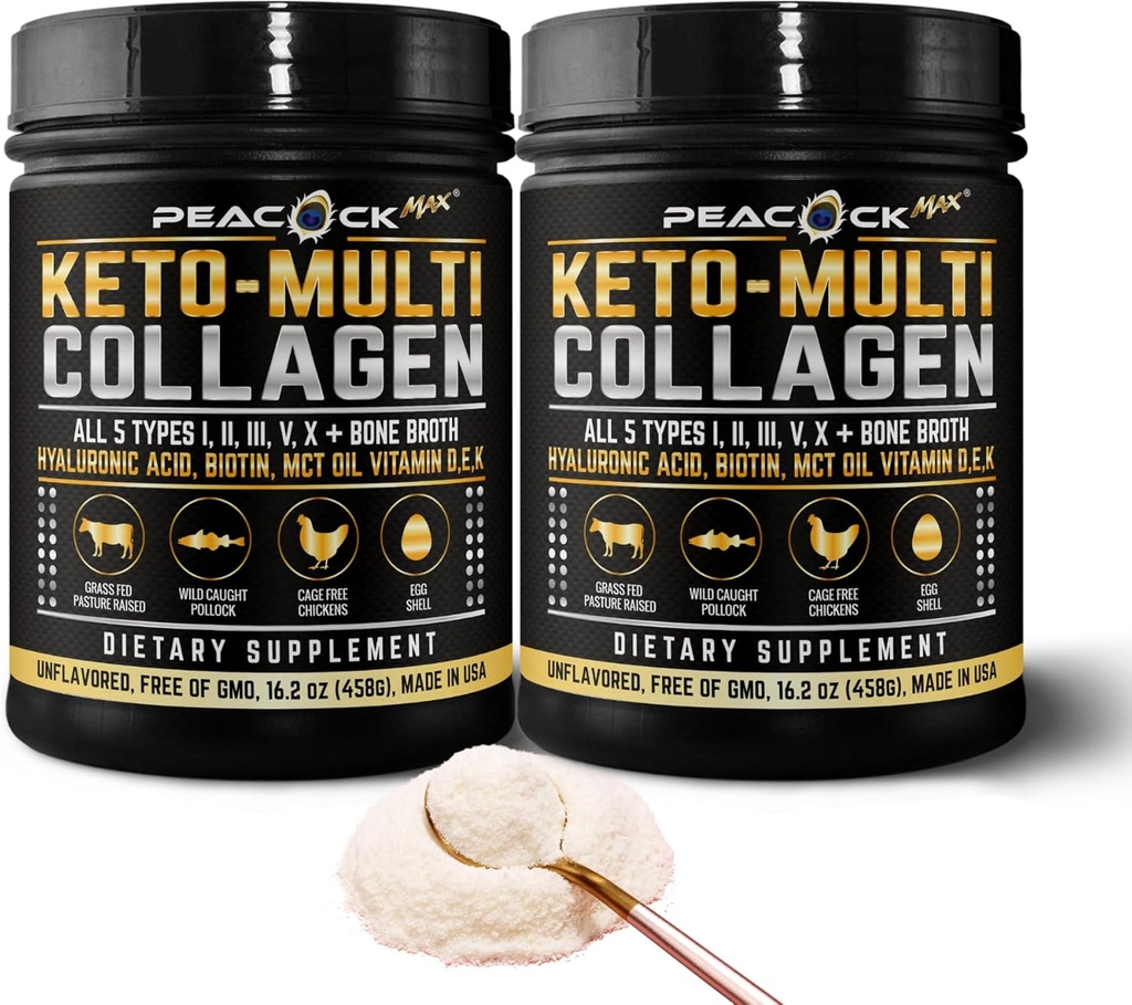 Keto Multi Collagen Peptides 16.2 oz, Pack of 2 - Bone Broth Protein Powder, 5 Tipos Collagen Hidrolyzed, MCT Oil, Unflavored Protein Powder for Joint, Skin, Hair & Gut Health