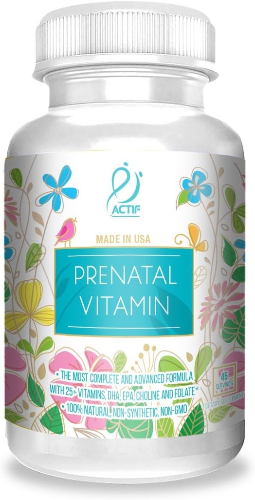 ACTIF Vitamina Prenatal Orgánica con 20+ Vitaminas, Omega-3, DHA, Hierbas Orgánicas, Non-GMO, Made in USA, 90 Conde