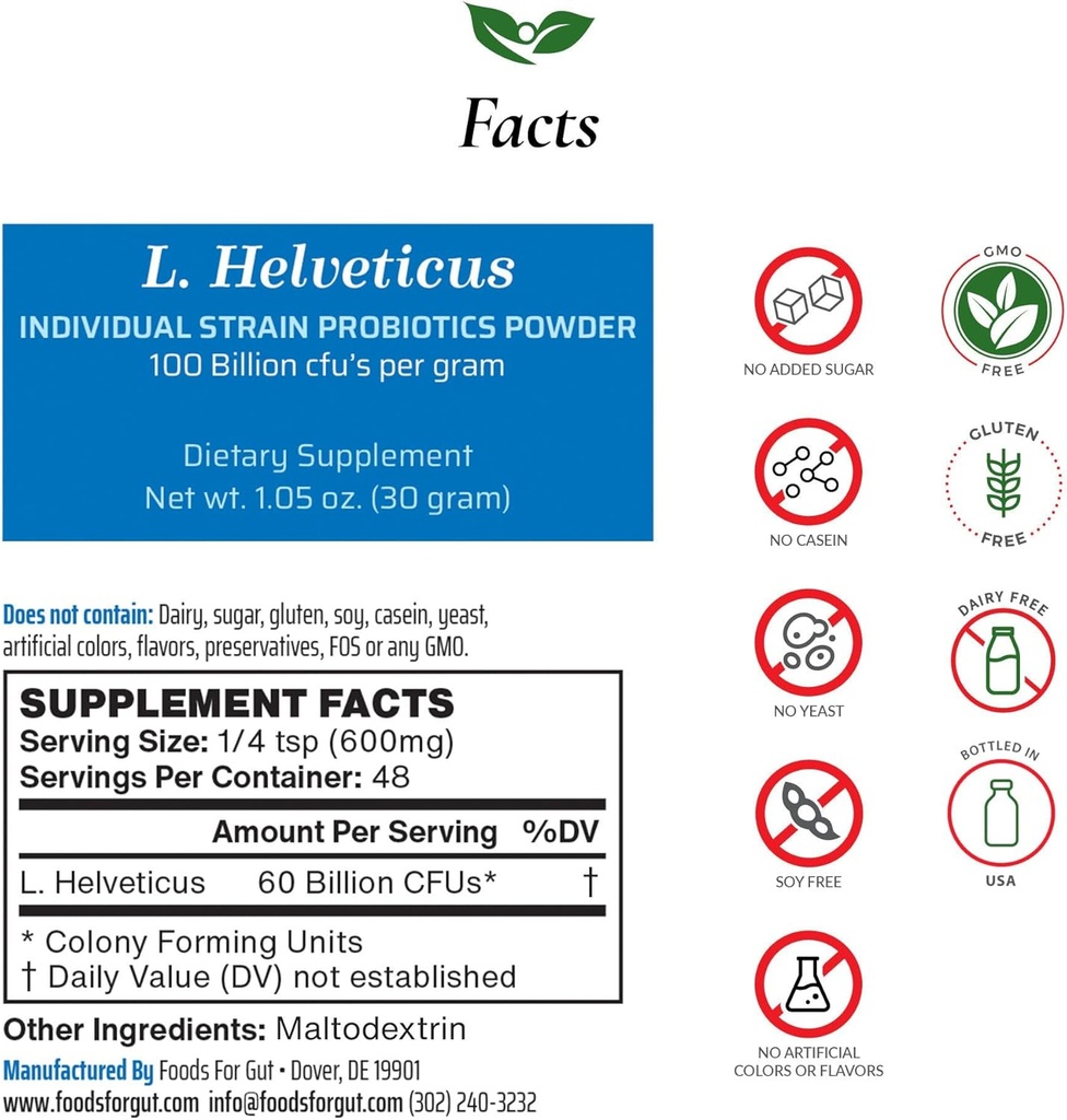 Alimentos para Gut Lactobacillus Helveticus Probiotic Powder 100 Billion cfu's Silencio No Additives ← Direct from Manufacturer Silencio No Third-Party Storage ← Immune Support Silencio L. Helveticus TEN 30 Grams (1.05 Oz)