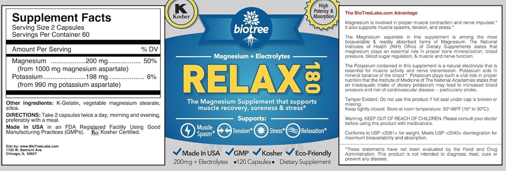 BioTree Labs Relax 180 - Pack of 3 x 120, Magnesium & Potassium Supplement with Electrolytes | 60 Days