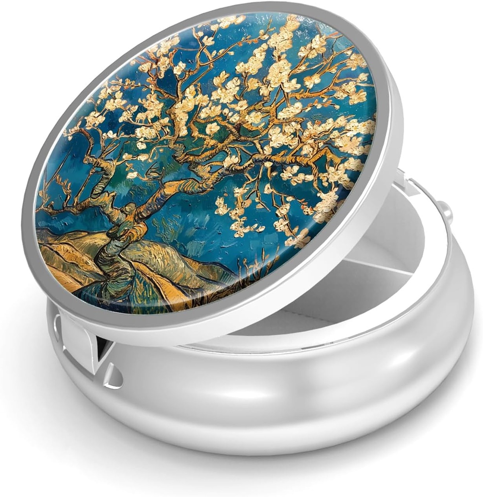 Pill Box-3 Compartment Small Pill Case for Purse & Pocket Mini Metal Pill Holder Travel Pill Container to Hold Supplements Vitamins BPA-Free (Almond Blossom-Van Gogh)