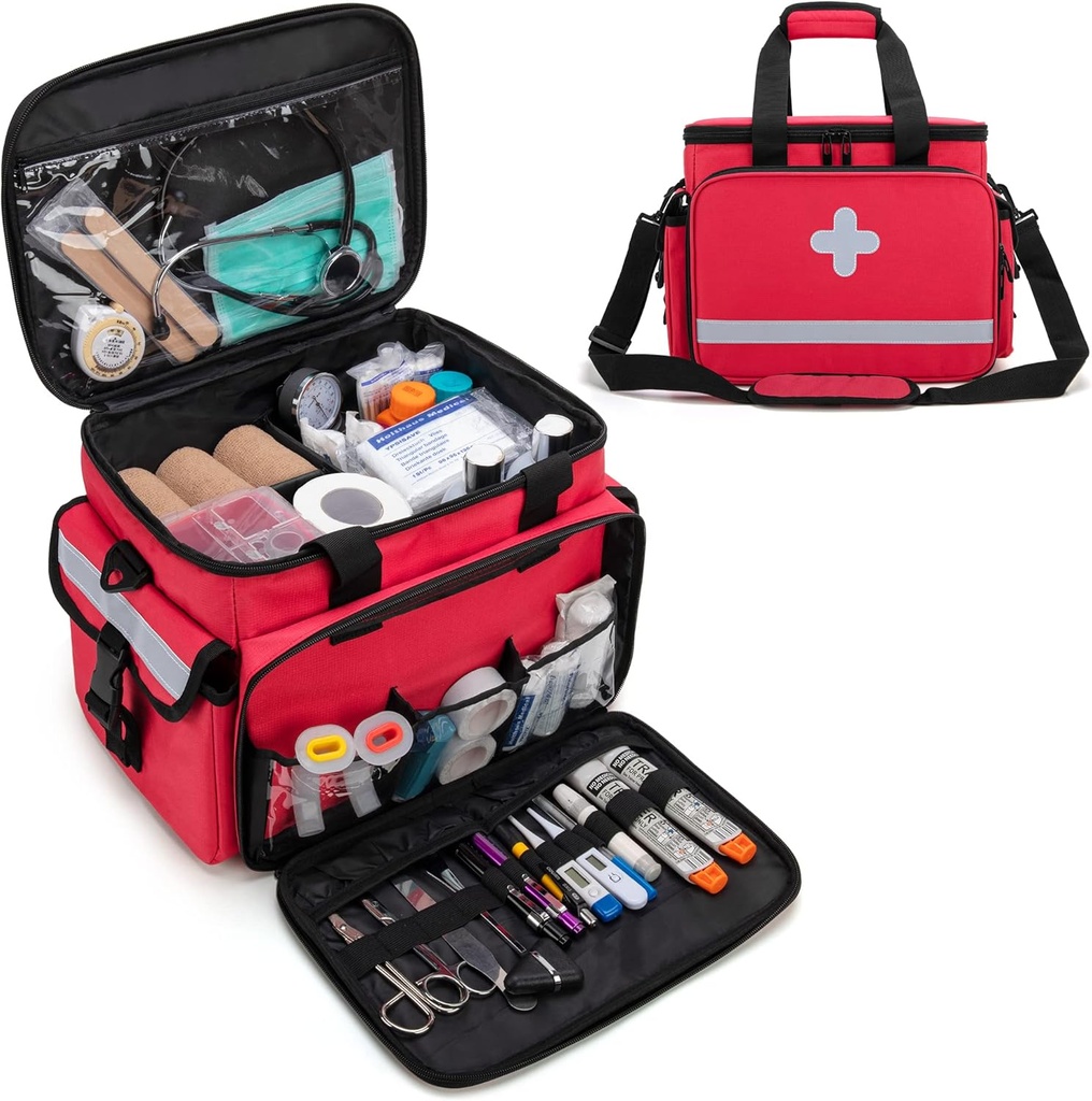 CURMIO Kits de primeros auxilios Bolsa Vacío, bolsa de suministros de emergencia bolsa médica para el hogar Cuidados de salud y kits de trauma, rojo (sólo bolsa de trabajo)
