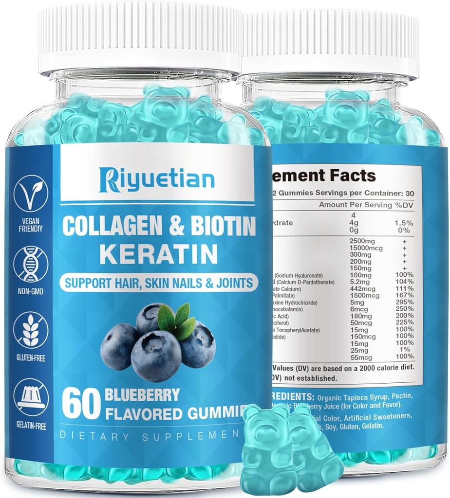 Biotina Gummies 15000mcg con colágeno para adultos Mujeres &amp; Hombres - Pelo, Piel &amp; uñas Gummies con Biotina - Collagen para Mujer - Vegan, No GMO, Vitaminas para el cabello - 60 Conde, 1 Pack
