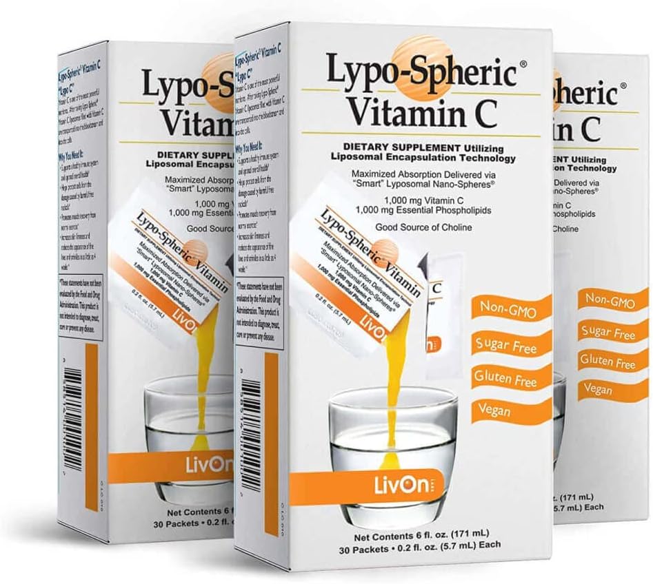 LivOn Laboratories Lypo–Spheric Vitamin C – 3 Cartons (90 Packets) – 1,000 mg Vitamin C & 1,000 mg Essential Phospholipids Per Packet – Liposome Encapsulated for Improved Absorption – 100% Non–GMO