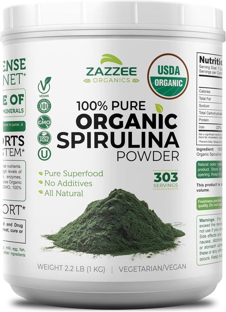 Zazzee Organic Spirulina Powder, 2.2 Libras (1 KG), USDA Certified, 303 Servings, Kosher, 100% Puro, No-Irradiated, Mess-Free Wide Mouth Container, Fresh Smell y Neutral Taste, Non-GMO, Gluten-Free