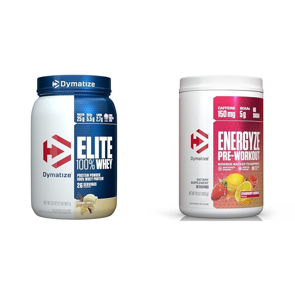 Dymatize Whey Protein and Pre Workout Combo, Elite 100% Whey Protein Powder Gourmet Vanilla 26 Serve, Energyze Pre Workout Powder para Hombres y Mujeres Strawberry Lemonade Flavor 30 Serviciones