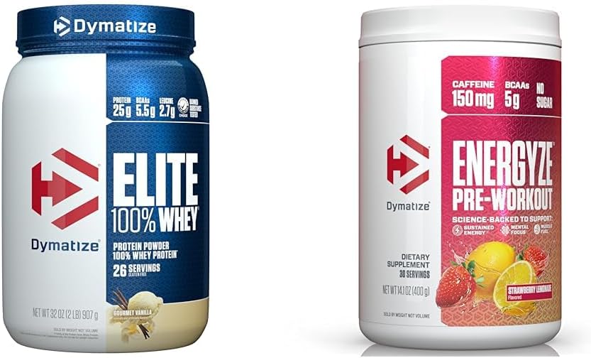 Dymatize Whey Protein and Pre Workout Combo, Elite 100% Whey Protein Powder Gourmet Vanilla 26 Serve, Energyze Pre Workout Powder para Hombres y Mujeres Strawberry Lemonade Flavor 30 Serviciones