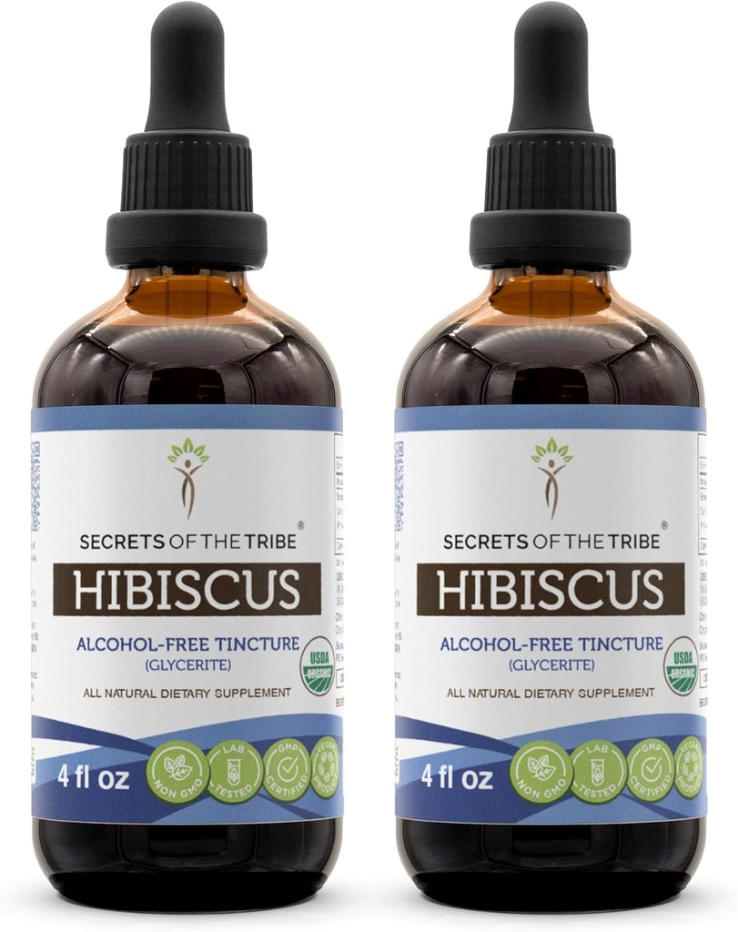 Secrets of the Tribe Hibiscus Tincture Extract sin alcohol, USDA Organic Hibiscus Sabdariffa Dried Flower Tincture Supplement (2x4 FL OZ)