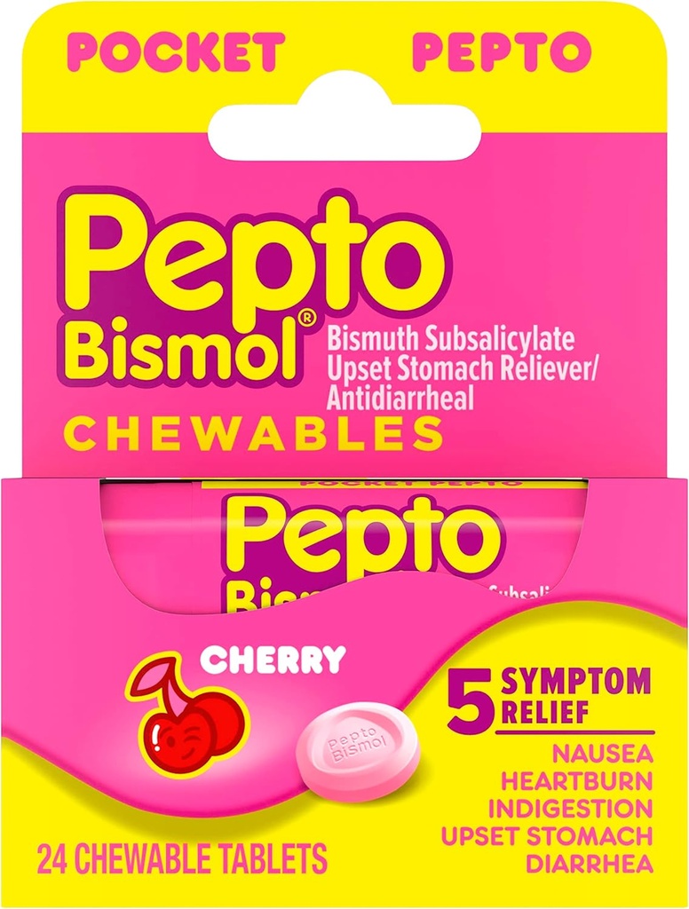 Pepto Bismol Pocket Tablas para Nausea, Heartburn, Indigestion, Upset Stomach y Diarrhea - 5 Symptom Fast Relief, Cherry Flavor 24 ct