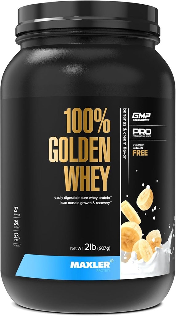 Maxler 100% Golden Whey Protein - 24g de Proteína por Servir - Premium Whey Protein Powder para Pre Post Workout - Fast-Absorbing Whey Concentrate, Isolate & Hydrolysate Blend - Bananas & Cream 2 lb