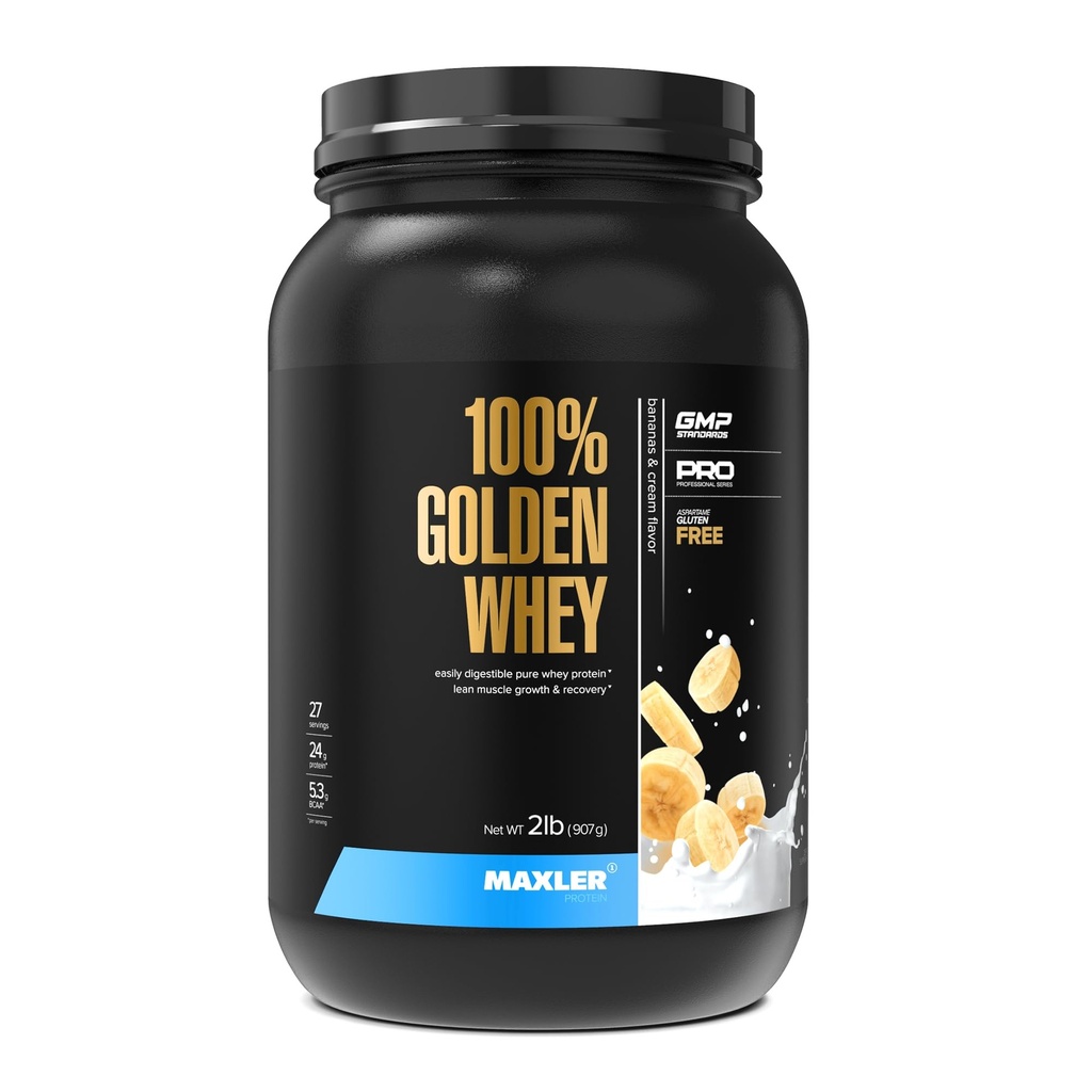 Maxler 100% Golden Whey Protein - 24g de Proteína por Servir - Premium Whey Protein Powder para Pre Post Workout - Fast-Absorbing Whey Concentrate, Isolate & Hydrolysate Blend - Bananas & Cream 2 lb