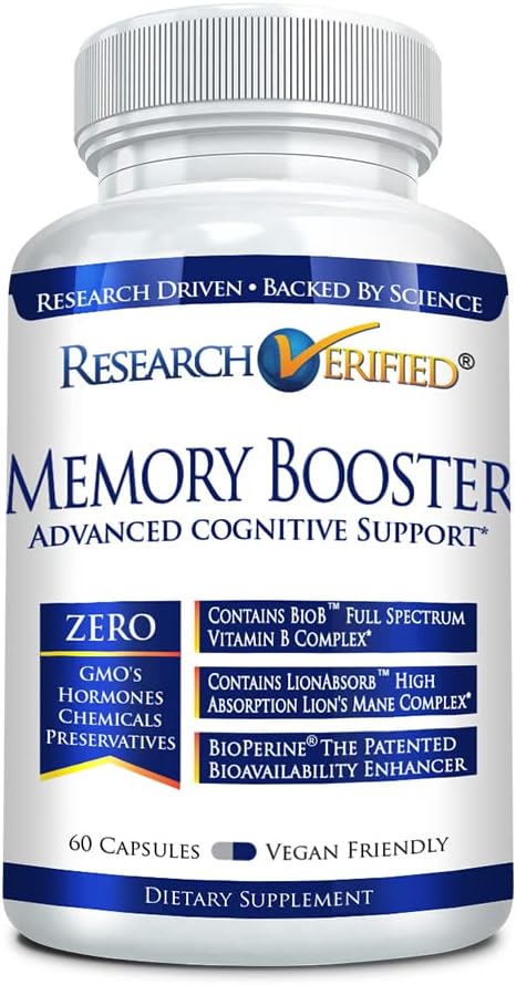 Research Verified Memory Booster - Suplemento Nootropic - Enhance Cognition and Memory - Lion’s Mane, Ginkgo Biloba, BioPerine - 60 Capsules - Non-GMO - Made in The USA