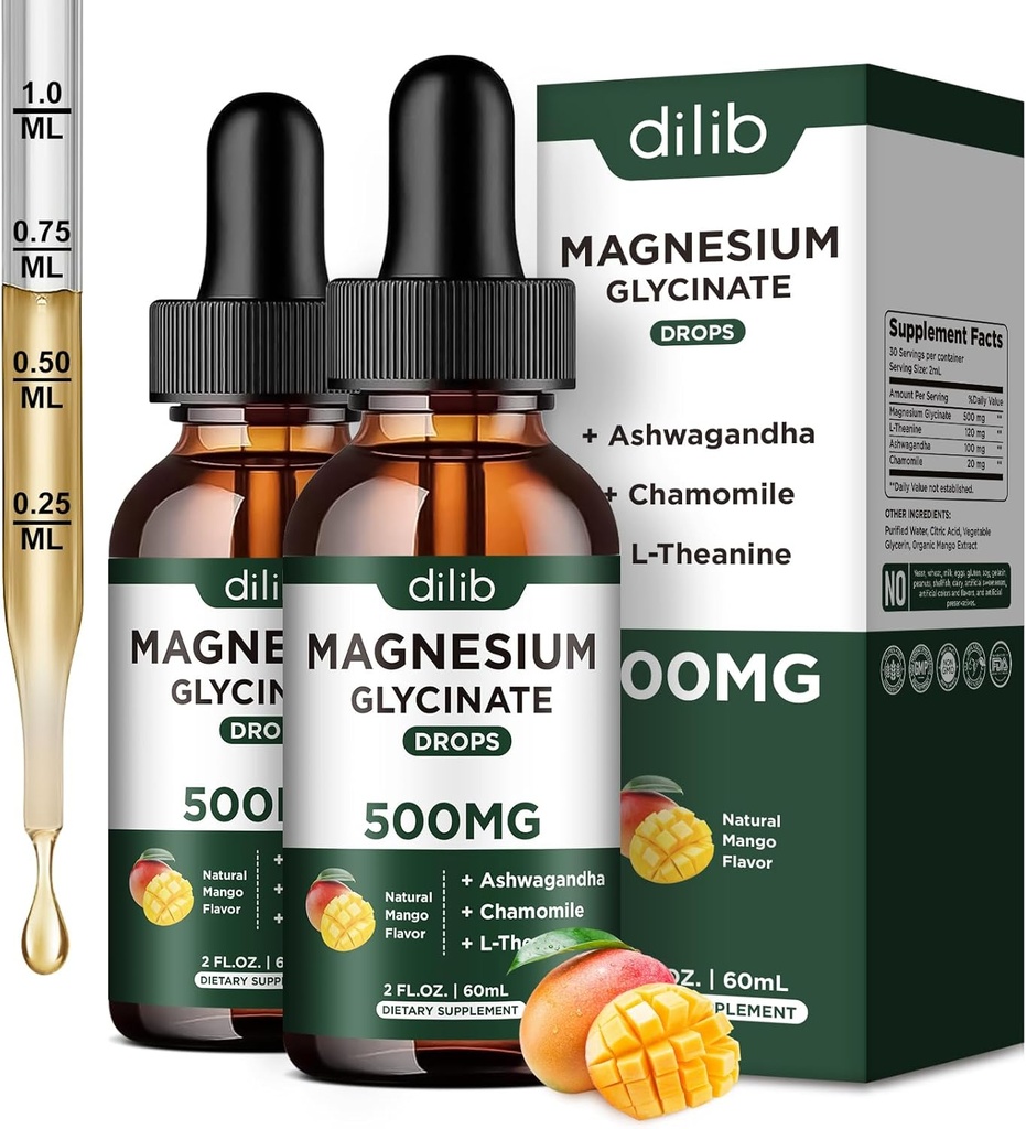 Magnesium Glycinate Liquid Drops Suplemento, con Magnesium Glycinate 500mg Ashwagandha, L - Theanine, Chamomile -Support Stress Relief, Bone, Muscle, Mood Mango Flavor 2Pack