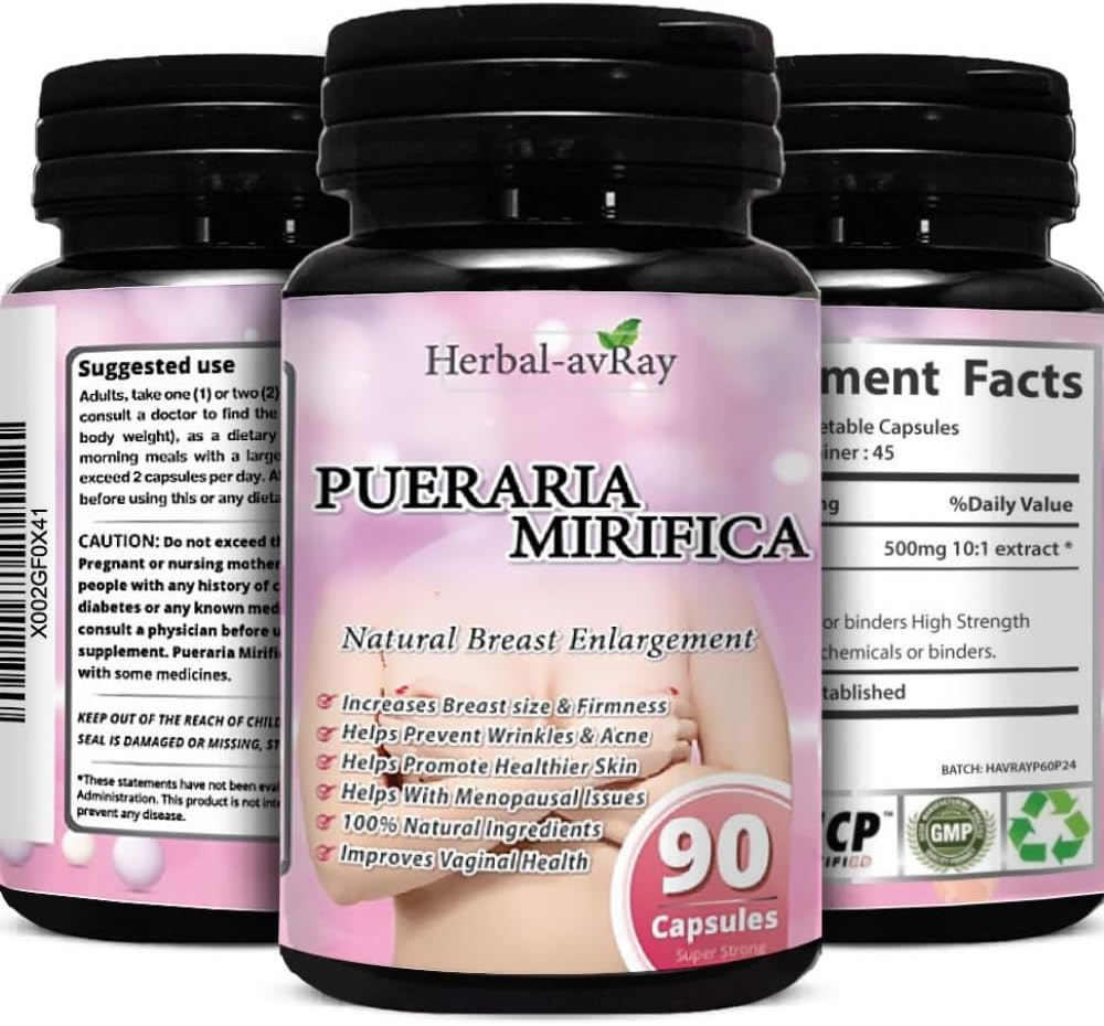 Pueraria Mirifica Cápsulas - Píldoras de aumento del pecho natural para las mujeres - Píldoras de ampliación del pecho - Crecimiento del pecho, Salud vaginal, Alivio de la menopausia, Esquía &amp; Salud del cabello - 90 Cápsulas Veganas