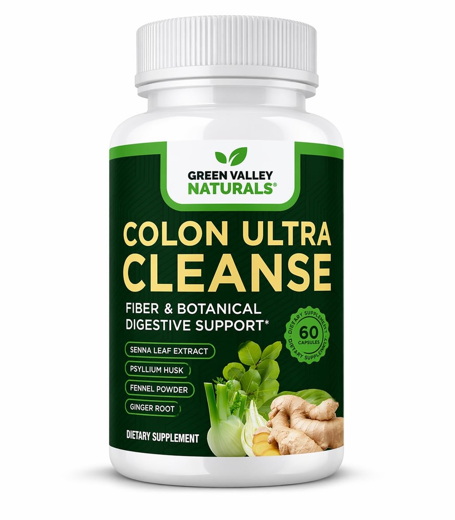GREEN VALLEY NATURALS Colon Ultra Cleanse – Fiber & Herbal Supplement with Psyllium Husk, Senna Extract, Fennel & Ginger | Digestive Support & Gut Wellness | 60 Capsules