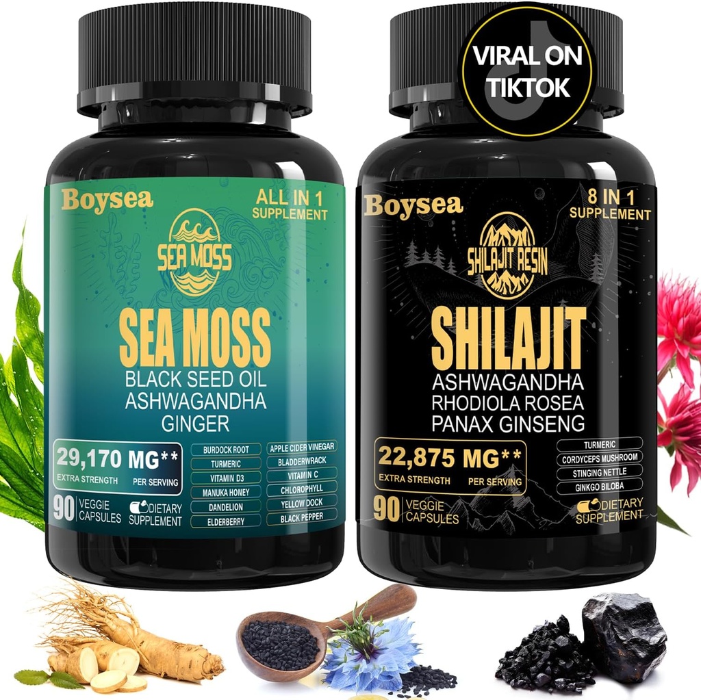 Geloo Superfood Supplement Bundle - 90 Conde Sea Moss Capsules (Sea Moss, Black Seed Oil) & 90 Conde Pure Shilajit Capsules (Shilajit, Ashwagandha) -1 Pack