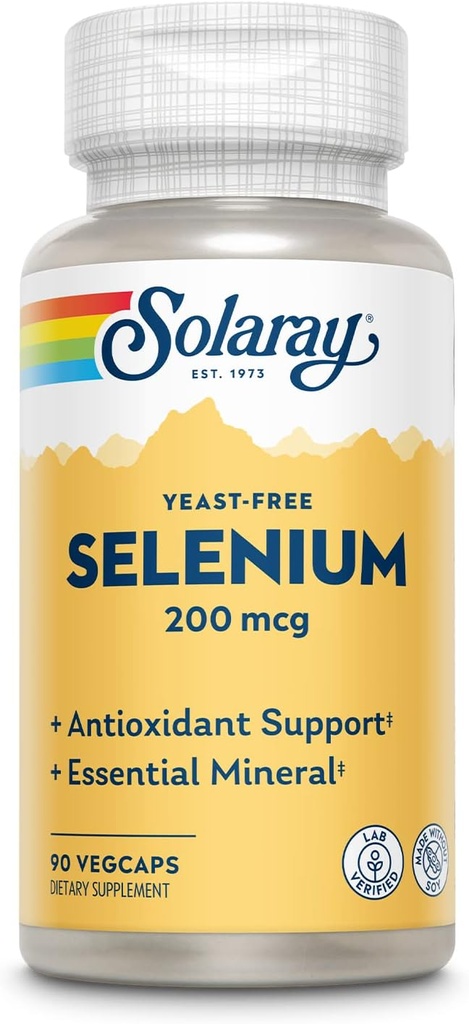 Levadura Solaray libre de selenio 200mcg, cápsulas de selenio para la función tiroidea saludable & soporte inmunológico, suplemento de alta absorción, Vegan, 90 piezas, 90 VegCaps