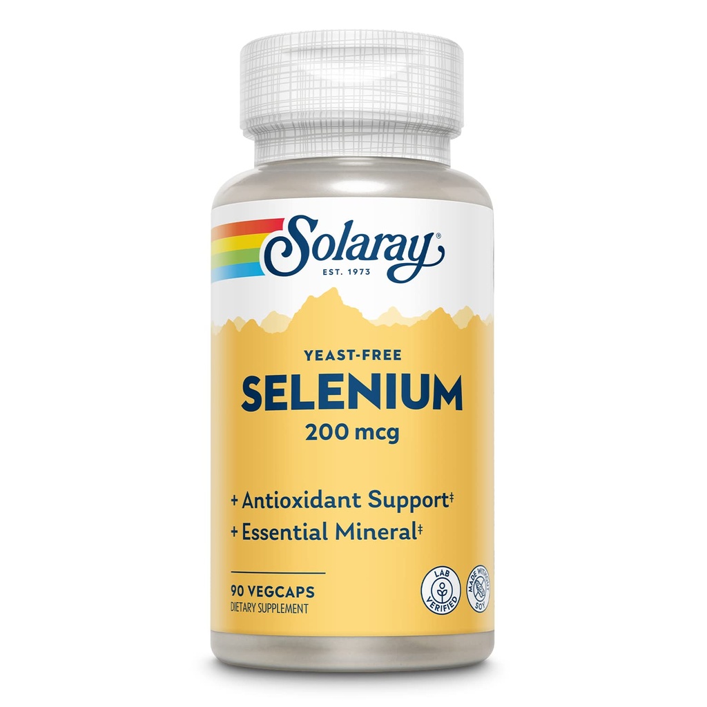 Levadura Solaray libre de selenio 200mcg, cápsulas de selenio para la función tiroidea saludable & soporte inmunológico, suplemento de alta absorción, Vegan, 90 piezas, 90 VegCaps