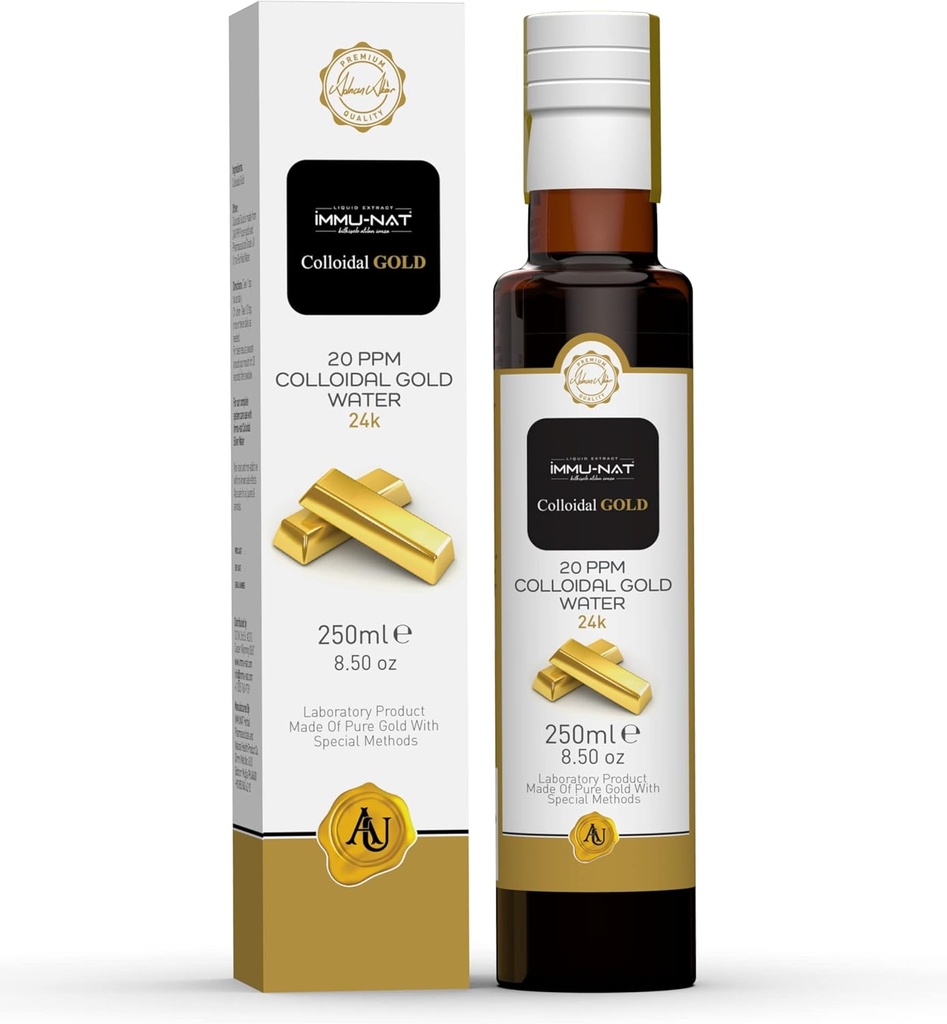 Colloidal Gold Water 24K Pure Liquid 20PPM (8.5oz) Suplemento mineral para la función cognitiva mejorada, Focus, Creatividad, Calmness, Sleep Aid - Decalcificación de la gelatina