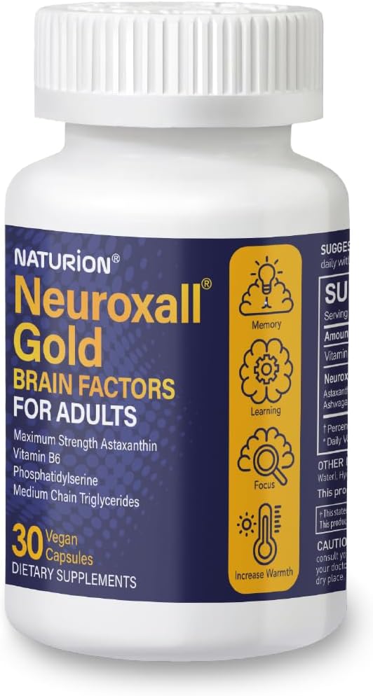 Factores cerebrales de oro neuroxall para adultos - Cognitivo " mental Wellness Support with Vitamin B6, Astaxanthin, Ginkgo Biloba, Ashwagandha " Turmeric " - 30 cápsulas veganas, 30 días de suministro