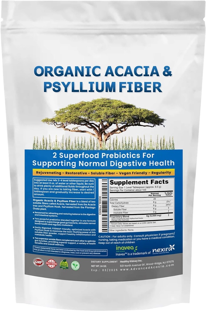 Acacia & Psyllium Husk Fiber Powder 2 Organic Soluble Fiber Digestive Restoring Gut Nutrients. Orgánica Psyllium Husk & Orgánica Acacia Powder IBS, Leaky Gut 1.5 Ibs (24oz)