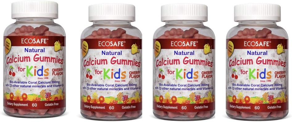 Coral Calcio Vitamina D3 Niños Gummy, Natural Cherry Flavor, No GMO, Libre de gluten, Libre de lácteos, Libre de soja y gelatina Gratis - 300 mg de Calcio, y 800 UI de Vitamina D3-60 Gummies (4 Pack)