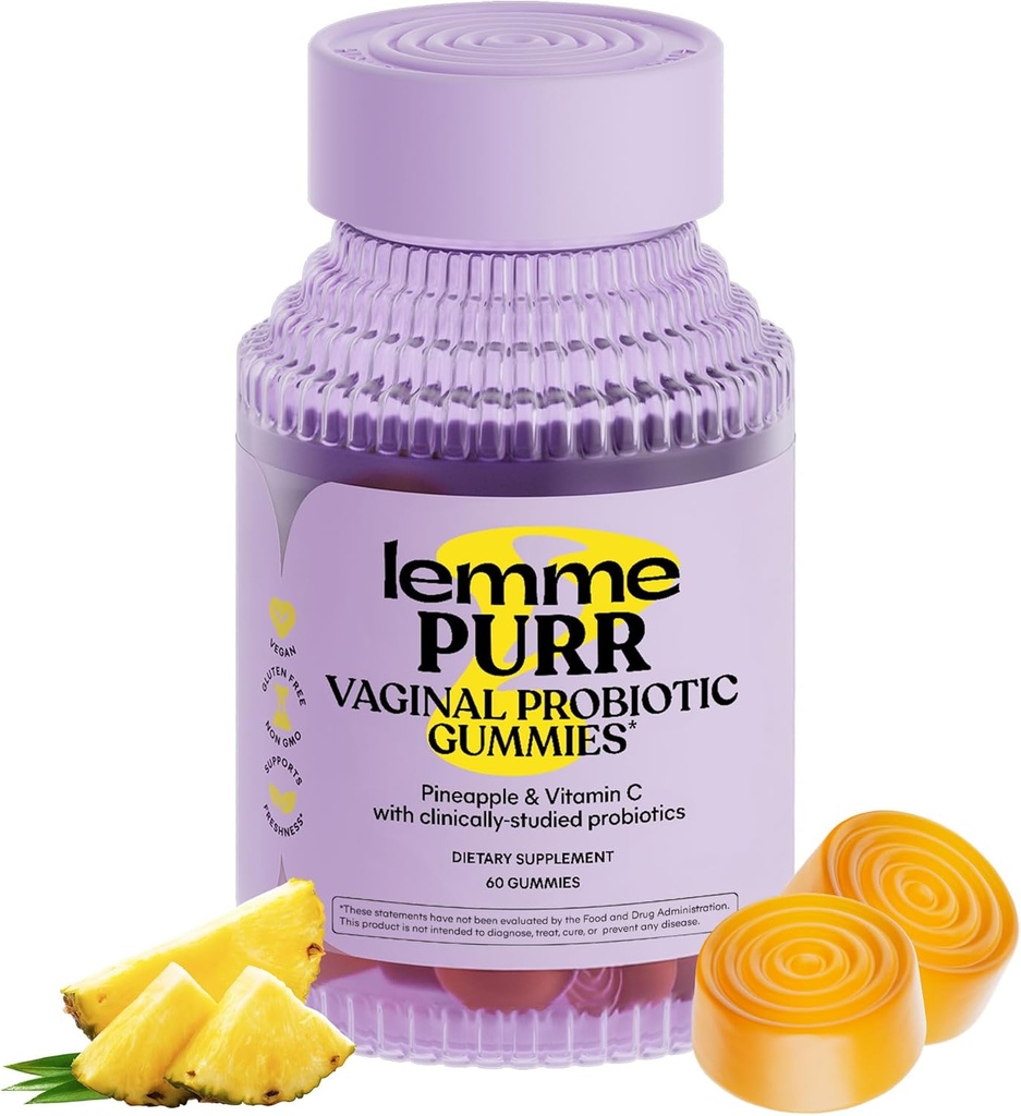 Lemme Purr Vaginal Probiotic Gummies for Women - Balanced pH, Healthy Odor, Yeast Balance & Flora Support + Vitamina C para Immune Health - Tasty Pineapple (60 Count)