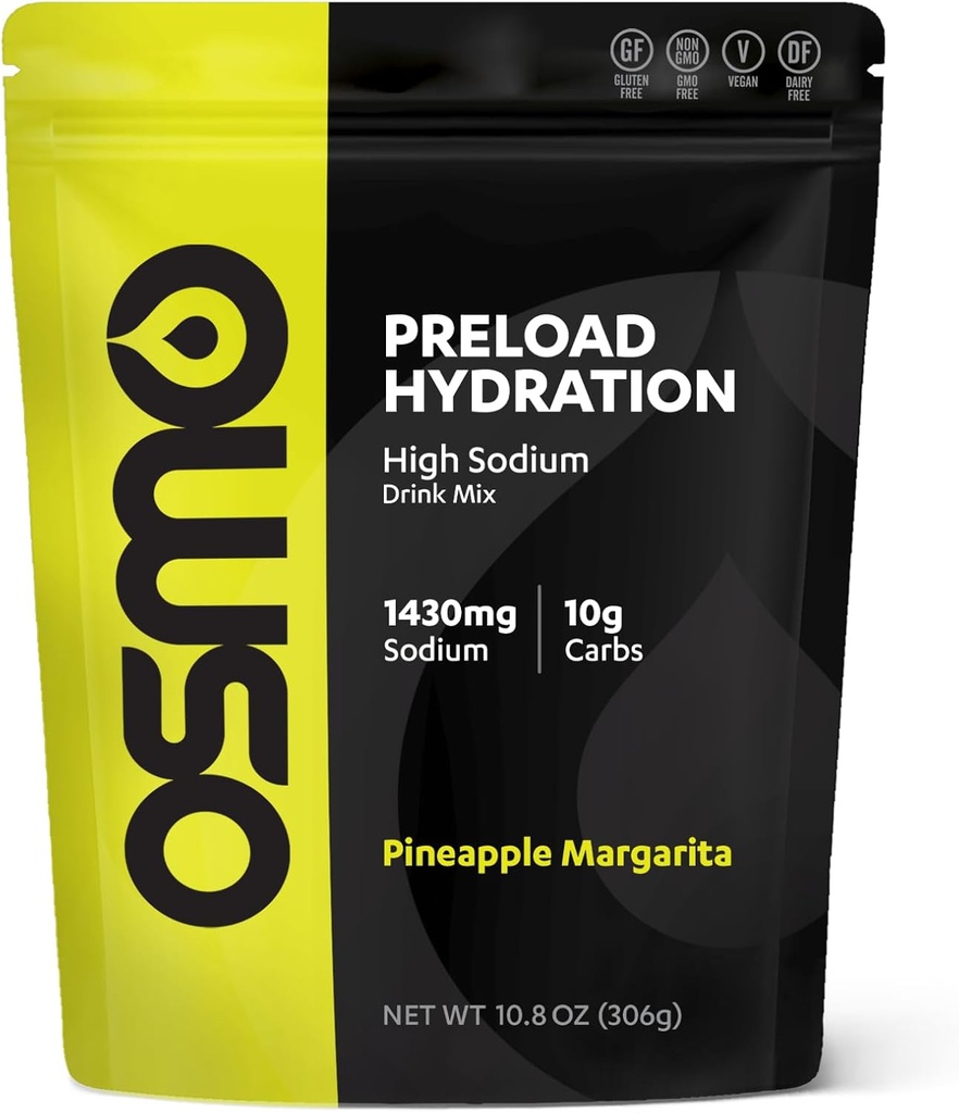 Precarga de Osmo Hidratación Pre Workout Powder Pouch - Incluye Bicarbonato de Alto Sodio, Magnesio, Potasio, Carbs & Vitaminas, Azúcar de caña, Calambres Golpes & Deshidratación - Piña Margarita (Pouch)