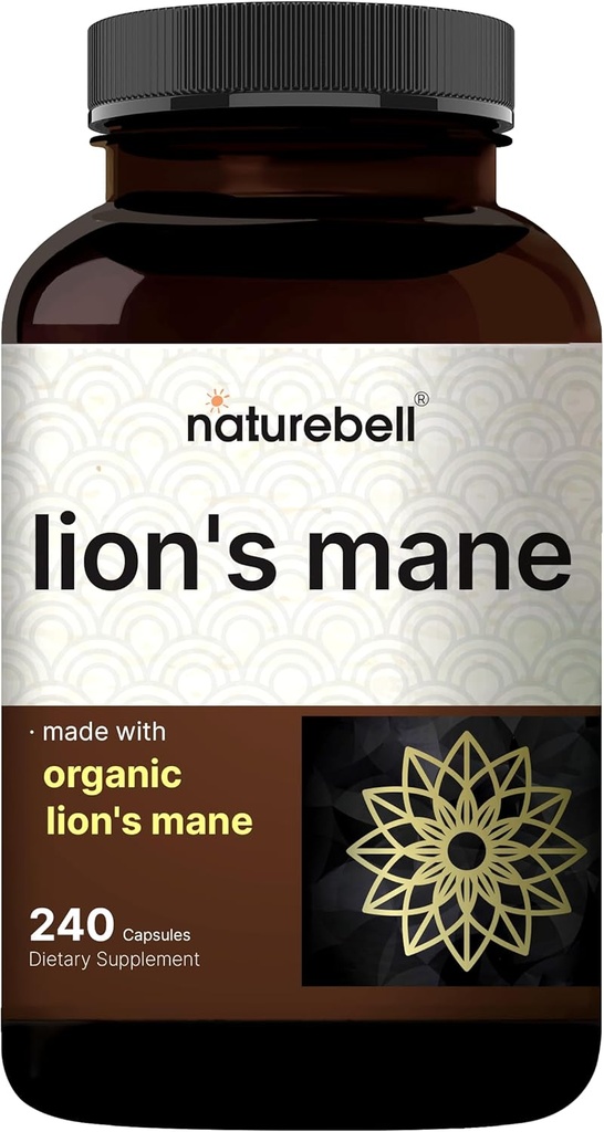 NatureBell Lions Mane Mushroom Supplement Capsules, 240 Capsules  durable 120 Days Supply – Hecho con Mane Powder de León Orgánico Extracto – Cognitive Brain Nootropic & Immune Health Support – Non-GMO