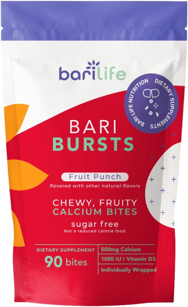 Calcium Citrate Bariatric Calcium Chews with 1000 IU Vitamin D3 - Ideal para pacientes bariatrices - BariBurst by Bari Life (Fruit Punch)
