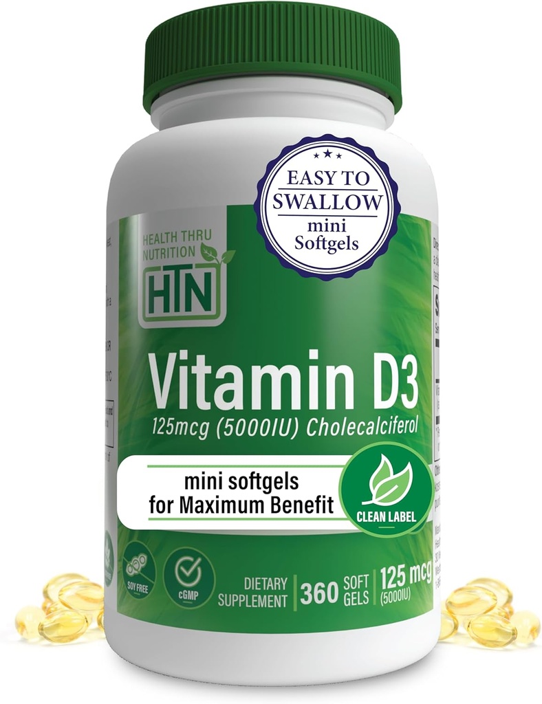 Salud Thru Nutrición Vitamina D3 5000iu 360 Mini Softgels para Máximo Benefit Año Suministro Silencio 125mcg Cholecalciferol Silencio 3er Parte Testado ← No GMO USP Grado en EVOO OrgÃ©nico Silencioso Salud Apoyo