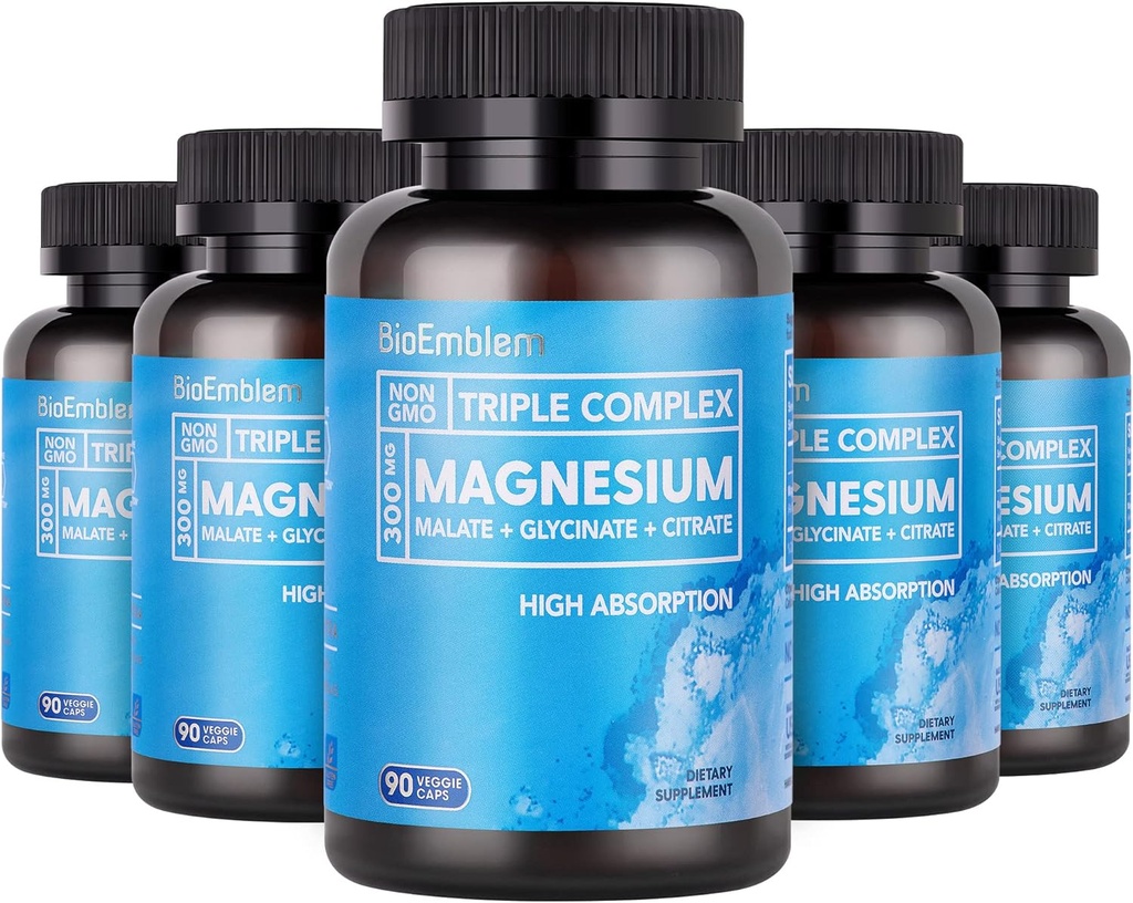 BioEmblem High Absorption Triple Complejo de Magnesio 300mg  sometida Magnesium Glycinate for Nerves, Malate for Energy, Suplemento de Apoyo a la Salud Muscle TENGA Vegan, Non-GMO 450 Capsules
