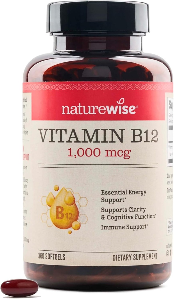 NatureWise Vitamina B12 1000 mcg - Suplemento dietético para apoyar el metabolismo energético, la claridad mental, la salud del sistema nervioso - fácil de cambiar, soy &amp; libre de gluten, no Gluten - 360 Conde[1-Año de suministro]