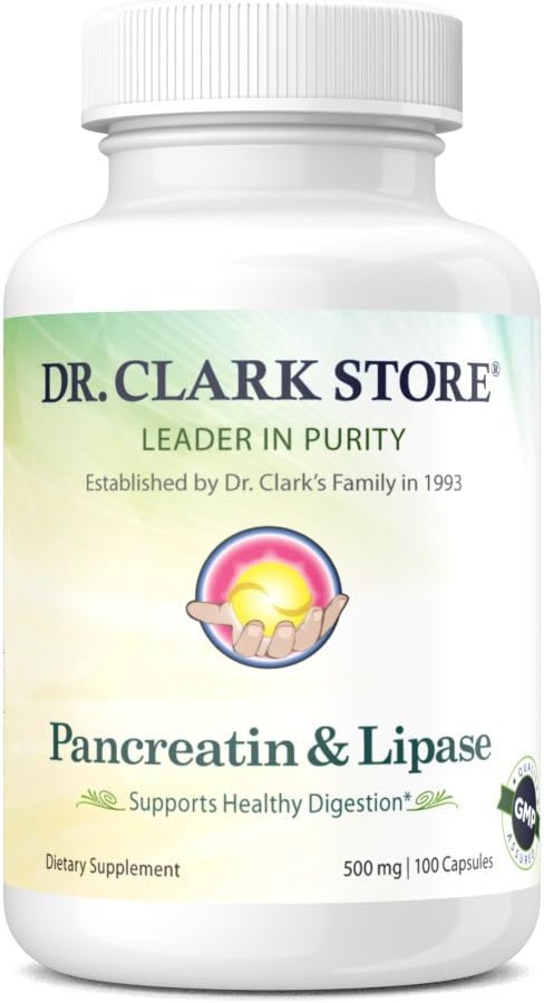 Dr. Clark Pancreatin y Lipase Enzyme Suplemento, 500mg, 100 Gelatin Capsules
