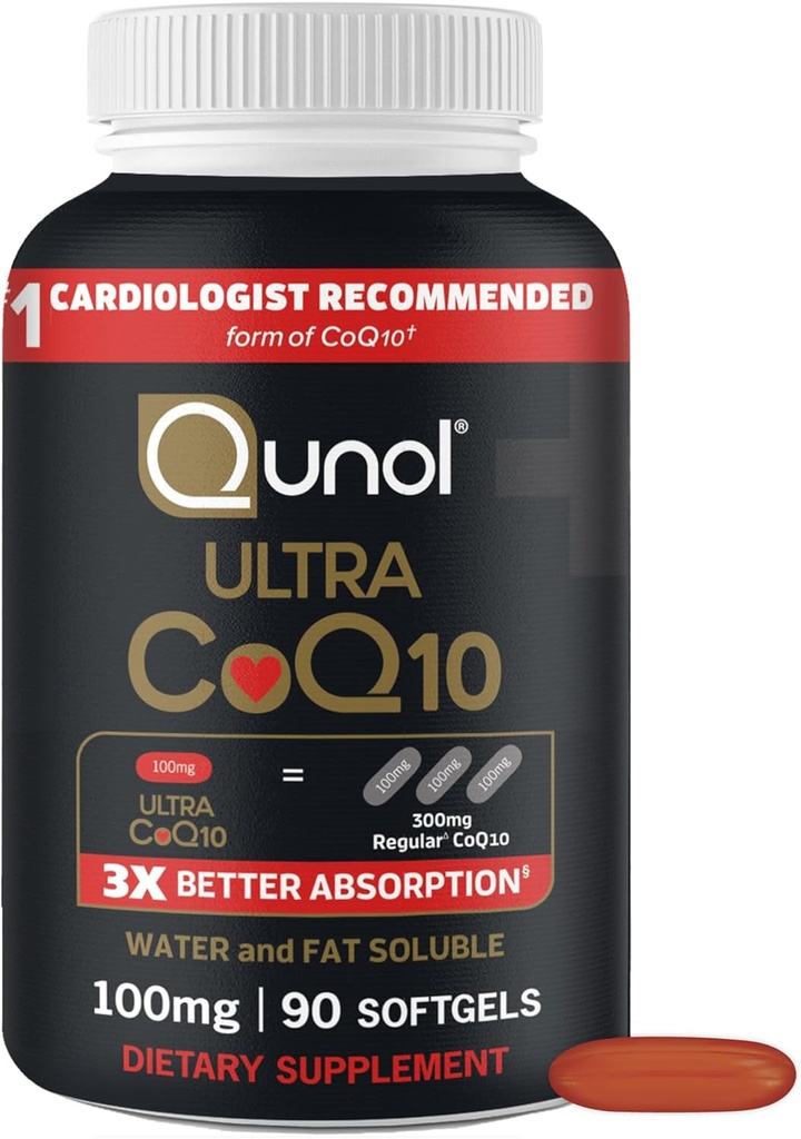 Qunol Ultra CoQ10 100mg Softgels- 3x Mejor Absorción, Antioxidante para la salud del corazón y la producción de energía, Coenzyme Q10 Vitaminas y Suplementos, 3 Month Supply, 90 Cuenta