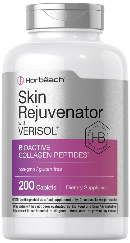 Rejuvenador de la piel de horbäach con Verisol ← Peptides de Collagen bioactivo  200 Caplets ← Non-GMO, Gluten Free Supplement