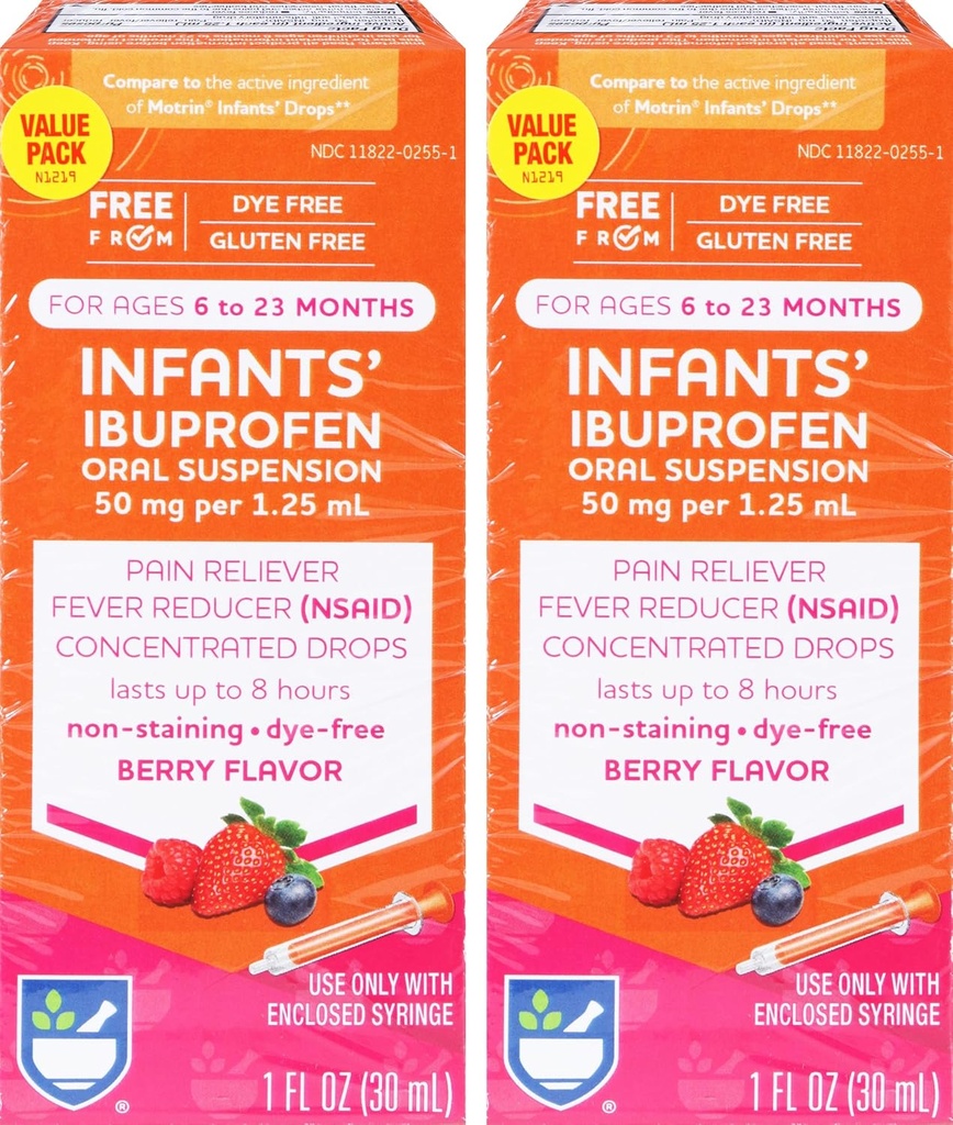 Rite Aid Babys' Dye-Free Ibuprofefen Drops, Berry Flavor, 50 mg - 2 Value Pack ← Infant Pain Reliever Silencio para los bebés Edades 6 a 23 Meses  Oral Suspension 50 mg por 1,25 mL TEN Gluten Free