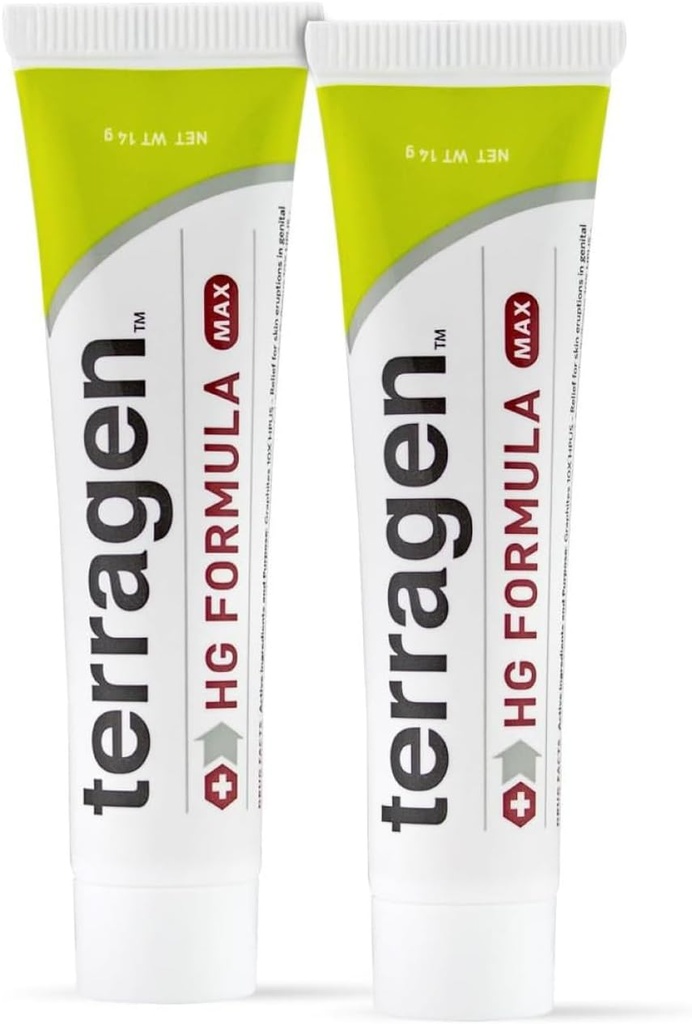 Terragen HG Fórmula MAX por terrasil, Fast Soothing Natural Treatment Cream for Genital Sores ' Effective Outbreak Support, for Men and Women (14g 2-Pack)
