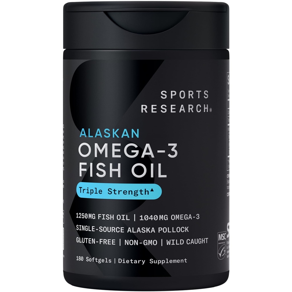 Sports Research® Omega-3 Fish Oil 1250 - Triple Strength Fish Oil Supplement from Wild Alaska Pollock - MSC Certified Sustainable · Non-GMO · Soy Free - 180 Softgel Capsules