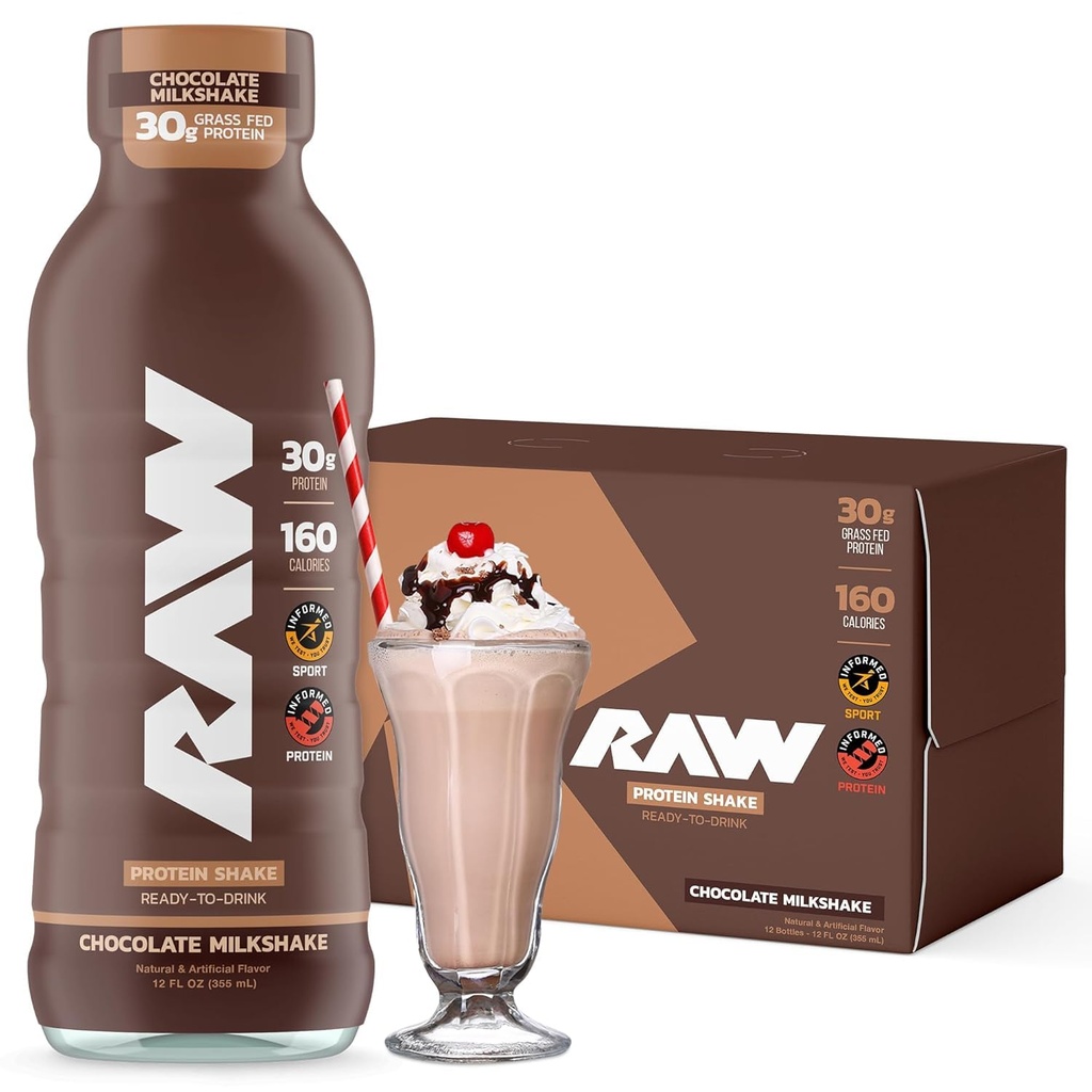 RAW Listo para beber Protein Shake, Chocolate - RTD Protein Bebidas con Grass-Fed Whey Protein Isolate for Post-Workout - Zero-Sugar &amp; Gluten-Free Meal Replacement Drink &amp; Breakfast Shake, 12 Fl Oz