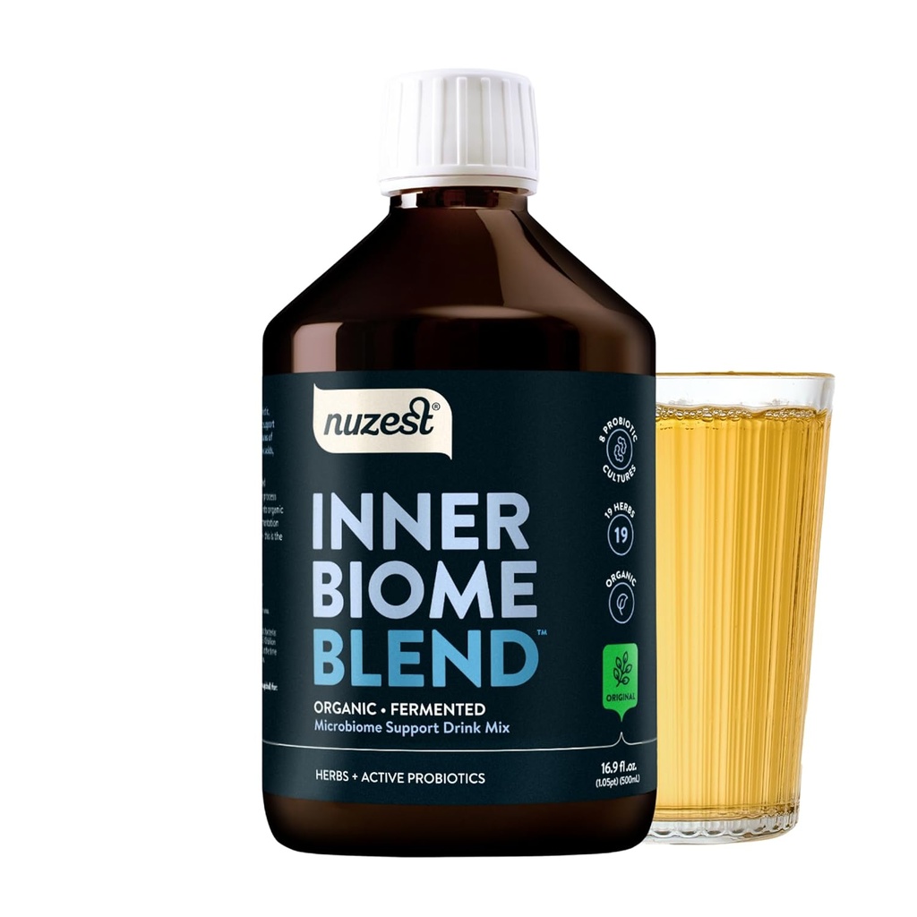 Nuzest - Inner Biome Blend – Prebiotic, Probiotic & Postbiotic Liquid Drink Mix – Microbiome Support – 8 Microbiotic Cultures, 19 Fermented Herbs - Vegan - Orgánico - Original Flavour 16.9 fl.oz/ 500ml